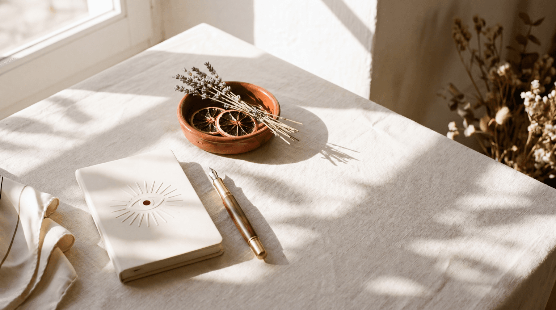 Warm Mediterranean studio still life, notebook, brass pen, bowl with lavender and orange slices.
